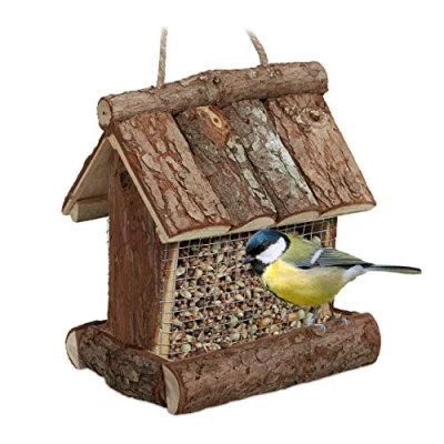 Image de Relaxdays Mangeoire pour Oiseaux en Bois, à Suspendre, HLP 17 x 15 12 cm, silo, Distributeur de Nourriture, Nature