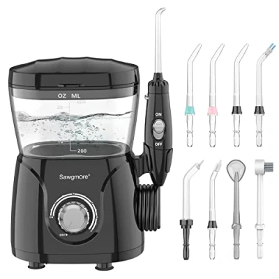 Image de Sawgmore Jet Dentaire Hydropulseur, Hydropulseur Professionnel avec 8 Busettes Multifonctionnelles, 10 réglages de pression d&#039;eau, 600ML Irrigateur Pour Les soins Familiaux Blanc