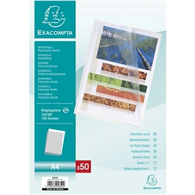 Image de Exacompta Réf. 5850E Sachet de 50 pochettes coins En polypropylène grainé Epaisseur 12/100ème Dimensions : 22x31cm Format à classer A4 Coloris cristal