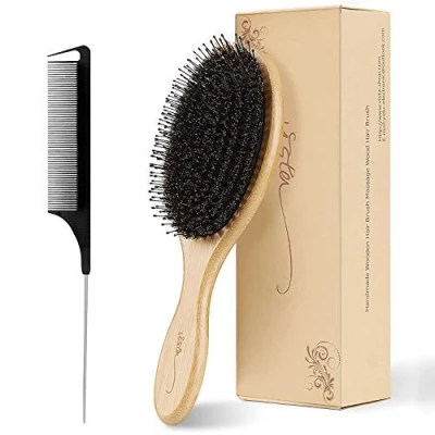 Image de Brosse Cheveux Sanglier avec Poignée en Bambou Brushing Professionnel et Peigne a Queue Carbone Excellentes Rend les Brillants Soyeux pour Démêler
