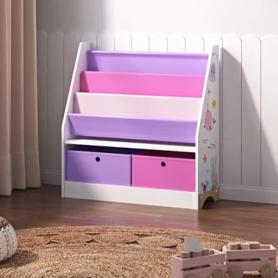 Image de [en.casa] Étagère pour Enfant à 3 Compartiments et 2 Boîtes Pliables Meuble de Rangement Motif Océan Livres Cahiers Jouets Panneau Particules Polyester 74 x 71 23 cm Blanc Violet Rose
