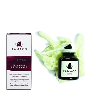 Image de Famaco Kit de Teinture Artisanal 50ml Couleur MARRON FONCE Pénétrante pour Cuir Lisse et Daim Contient un Pinceau Gant
