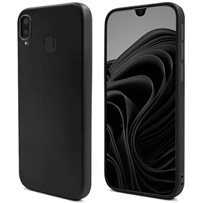 Image de Moozy Lifestyle. Coque conçue pour Samsung A20e, noire en silicone liquide avec finition mate et doublure microfibre douce. Neuf