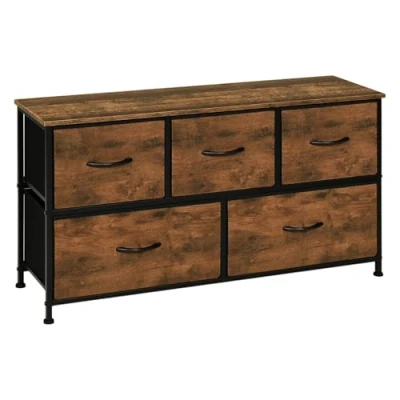 Image de WOLTU Commode Chambre, Meuble de Rangement, Armoire à 2 Niveaux, 5 Tiroirs en Tissu, Style Industriel, Bois d&#039;Ingénierie, Cadre Métal, Marron Rustique, 100x30x54cm, SSK005hov
