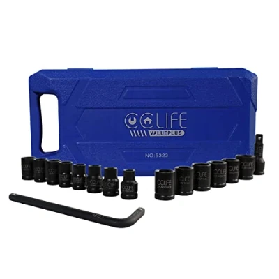 Image de CCLIFE 16 pièces Coffret Douilles a choc hexagonale 1/2&quot; avec Rallonge douille et Clé poignée en L Cr Mo 10 24mm