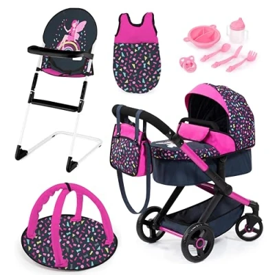 Image de Bayer Design 17080AB Ensemble Poussette pour poupée XEO, poignée réglable, Transformable, Chaise Haute, Sac de Couchage, Tapis d&#039;eveil, Accessoires en Plastique, Noir, Rose