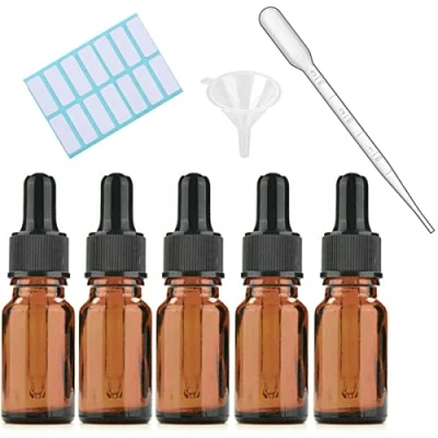 Image de Lot de 5 flacons compte gouttes en verre ambré avec bouchons noirs, pipette mesurée, entonnoir et étiquettes ; ml pour d&#039;huile essentielle rechargeables