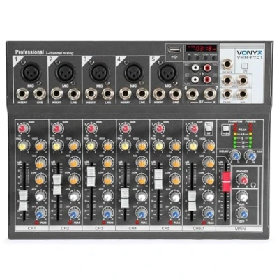 Image de VONYX VMM F701 Table de Mixage 7 Canaux Port USB, 5 x Entrée Mic/Ligne Mono, 1 Ligne Stéréo, Sortie principale Stéréo Jack 6,35mm, Casque, pour Application Studio ou sur Scène