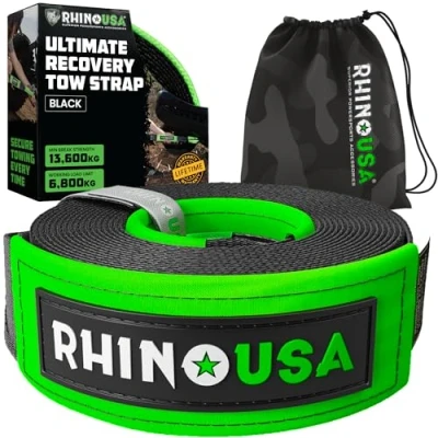 Image de Rhino USA Sangle de remorquage récupération (7.6 cm x 9.1 m), testée en Laboratoire, résistance à la Rupture 13,600 kg Sangles Tout Terrain Robustes avec extrémités Triple Boucle pouré Noir