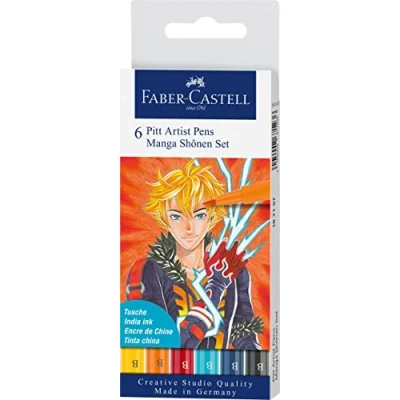 Image de Faber Castell Lot de 6 stylos à encre Pitt Artist Pen Manga Shônen avec pointe pinceau en différentes couleurs d&#039;écriture, Multicolore, 1 Unité