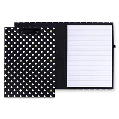 Image de Kate Spade New York Porte bloc A4 Avec clip discret Noir notes ligné, boucle pour stylo et poche Motif à pois