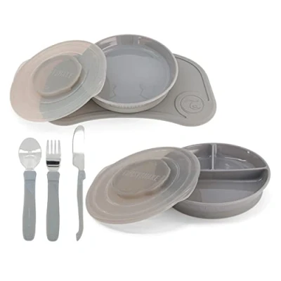Image de Twistshake Ensemble de Vaisselle pour Bébé 6 Pièces 1x Set Table en Silicone Assiette Enfant Divisée 3x Couverts d&#039;Apprentissage Acier Inoxydable 6+ mois Gris