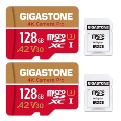 Image de [5 Ans Récupération de données Gratuite] Gigastone Carte Mémoire 128 Go Lot 2 Cartes, 4K Caméra Pro, Compatible avec GoPro Switch, Vitesse 100 Mo/s. A2 U3 V30 Micro SDXC Adaptateur SD.