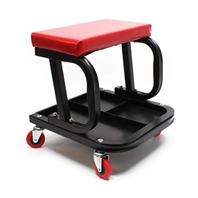 Image de WilTec Tabouret de mécanicien 37,5 x 36 38,5 cm Noir Rouge Servante d’Atelier Mobile sur Roulette Plateau Outils Inclus Rangement Garage Jardinage Ergonomie Chariot Visite
