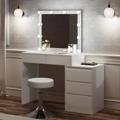 Image de WOLTU Coiffeuse avec Miroir, Éclairage LED Variable, Tabouret Rond Réglable en Hauteur, Commode Latérale à Montage Flexible, Table de Maquillage 5 Tiroirs et Pivotant, Blanc, MB6116ws