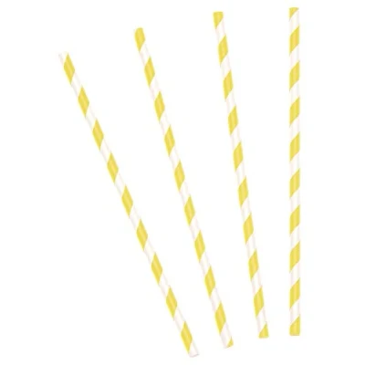Image de PartyDeco SPP1 084 Lot de 10 pailles jetables, en papier, 19 cm, pour cocktail, boissons, décoration, fête, jaune/blanc, à rayures jaunes/blanches, 19,5 cm