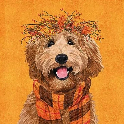 Image de Lot de 20 serviettes en papier avec couronne d&#039;automne et écharpe pour décoration table Motif chien 33 x cm