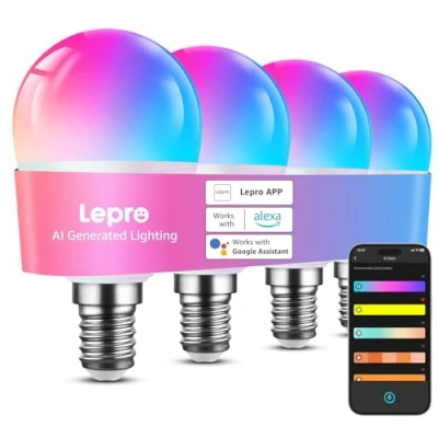 Image de Lepro BP1 IA Ampoule Connectée E14, Compatible avec Alexa et Google Assistant, Contrôle Vocal, Music Sync, Ampoules E14 WiFi Bluetooth Intelligentes, Multicouleurs RGBCCT, Lot de 4