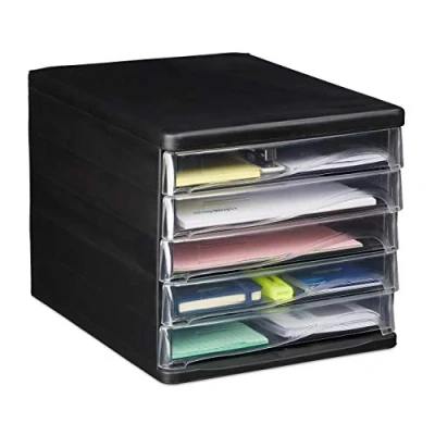 Image de Relaxdays 10025423 Boîte avec tiroirs pour classement, 5 compartiments, matériel de bureau, A4, lettres, HlP 24,5x26x34cm noir, PP, polystyrène, 1 élément