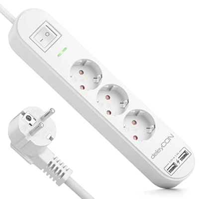 Image de deleyCON 3,0m Multiprise 3 Compartiments avec USB 3X Prises de Contact Protection 2X Prise Chargement A par ex. Téléphone Portable et Tablette Survoltage Bouton on/Off Blanc