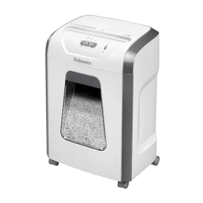 Image de Fellowes destructeur de Document FS 12C, Papier avec agrafes, Trombones et Carte crédit, Coupe croisée, Corbeille extractible 19L, Capacité : 12 Feuilles, Noir, 5020101 Blanc