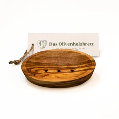 Image de das Olivenholzbrett Porte Savon avec des Trous, Ovale en Bois D&#039;Olivier Environ 13cm