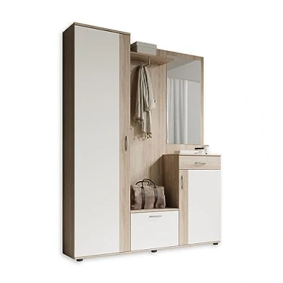 Image de Stella Trading PATENT Ensemble de vestiaires d&#039;entrée en aspect chêne Sonoma, blanc Vestiaire compact stylé avec miroir pour votre entrée 145 x 184 29 cm (L/H/P), marron