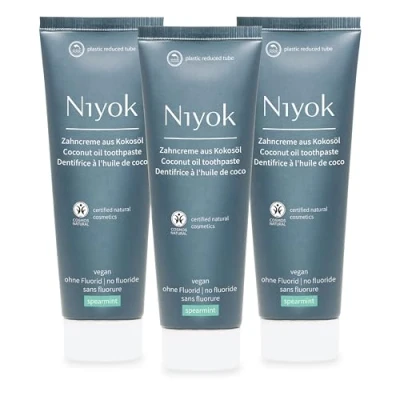 Image de Niyok® Dentifrice à l&#039;huile de coco bio « Spearmint » (3 x 75 ml) naturel pour des dents blanches Soin intensif &amp; fraîcheur Protège les gencives Sans fluorure et végétalien