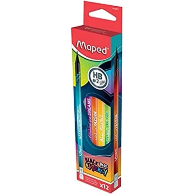 Image de Maped 12 Crayons Graphite Black’Peps Energy HB Embout Gomme à Papier Noirs Décorés Message Positifs et Inspirants Boîte 852001 Multicolore