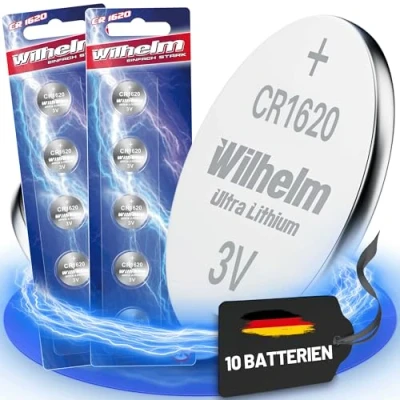 Image de Wilhelm Lot de 10 piles bouton au lithium CR1620 CR 1620 3 V 70 mAh Ø 16 x 2 mm DL1620, 6620