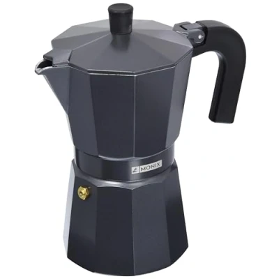 Image de Monix Vitro Noir Cafetière de 6 Tasses Noire, Fabriquée en Aluminium, Compatible Toutes Sources Chaleur Sauf Induction