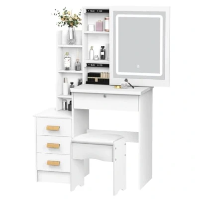 Image de Haibinsuo Bureau de Coiffeuse avec Miroir Coulissant et lumières, Table Maquillage Tabouret rembourré, Chambre Ensemble tiroirs étagères, Espace Rangement Blanc