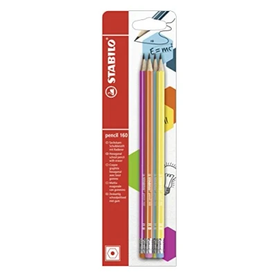 Image de Lot de 4 crayons graphite hexagonaux avec gomme STABILO Pencil 160 Rose, bleu, orange, jaune HB