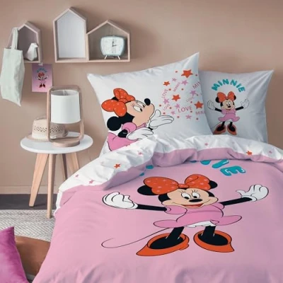 Image de OMYDREAM Disney Home Minnie Happy Parure de lit Enfant 1 Personne 100% Coton Oeko Tex Housse Couette 140x200 cm + taie d&#039;oreiller 63x63 Imprimé réversible Fille Rose