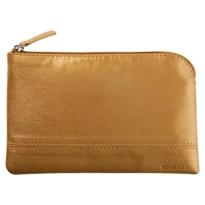 Image de RHODIA 116517C Pochette Zippée en Simili Cuir Or Taille S (11 x 17 cm) Coutures Véritables Intérieur Tissu Orange Rangement Documents, Petites Fournitures