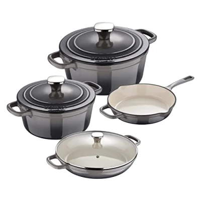 Image de MasterPro Unique Batterie de cuisine 7 pièces Set 3 faitouts 19, 27 et 30,5 cm avec couvercles 1 poêle 24,5 poignées ergonomiques pour tous types cuisinières, BGKIT 0013, Gris