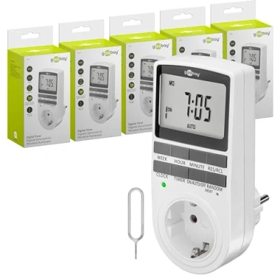 Image de goobay Zeitschaltuhr 5er Set Digital mit 16 Programmen Steckdose Zufallsmodus zum Einbruchschutz Timer INKL. 100 Tage Back up Akku 3680W 230V (AC) 16A 74218