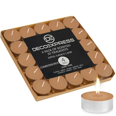 Image de DECO EXPRESS Lot de Bougies Chauffe Plat 200, 100, 50, 25 ou 24, Bougie Longue Durée Combustion 4, 8 10 Heures (Épices Clémentine 25/4 heures)