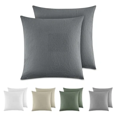 Image de Dreamzie Taie Oreiller 40x40 Coton (Lot de 2) Taies d&#039;Oreillers 100% Lavé Aspect Lin, Housse Coussin avec Fermeture Eclair, Gris Foncé, Certifié Oeko Tex
