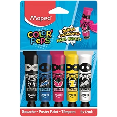 Image de Maped Peinture Gouache Enfant 5 Couleurs Intenses Super Pigmentées Facile à Ouvrir Bouchon vissé Primaires Tubes de 12 ml, cyan, magenta, jaune, noir et blanc