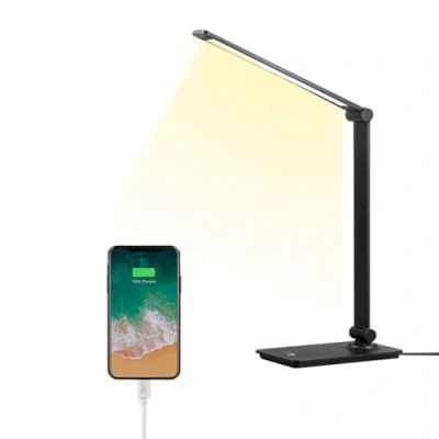 Image de ELITUN Lampe De Bureau Led, 5 Modes Couleur 3 Niveaux Luminosité, Dimmable Pliable Lecture Contrôle Tactile Protection Des Yeux Chevet Avec Port Usb Noir