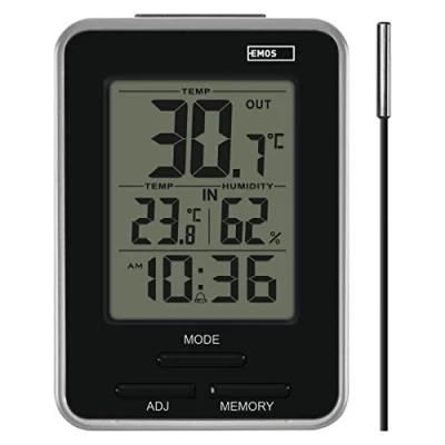 Image de EMOS thermomètre numérique avec capteur extérieur, intérieur et hygromètre, affichage des valeurs minimales maximales, réveil fonction snooze, fonctionne sur piles,