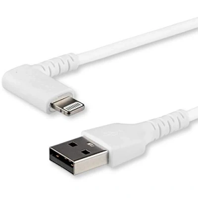 Image de StarTech.com Câble USB A vers Lightning Blanc Robuste 1m Coudé à 90 de Charge/Synchronisation Type en Fibre Aramide Résistante Apple MFi iPhone (RUSBLTMM1MWR)