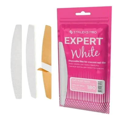 Image de STALEKS PRO Lot de 30 limes à ongles avec base souple en mousse, adhésifs jetables blancs forme croissant Expert 40 Grain 180