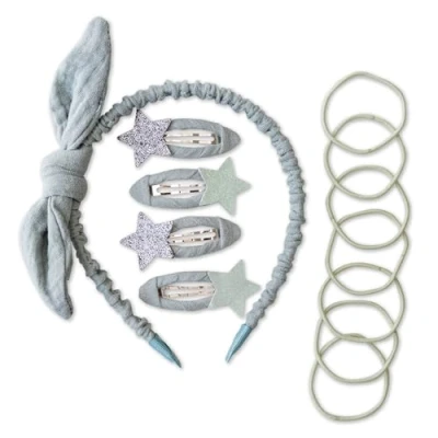 Image de Papierdrachen Ensemble d&#039;accessoires pour cheveux spéciaux avec serre tête, pinces à paillettes, élastiques combinés du tissu mousseline de qualité supérieure Sauge claire