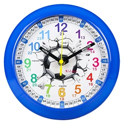Image de Kiddus Horloge Murale Éducative pour Enfants, Garçon, Fille. Time Teacher Analogique avec Exercices. Facile d’Apprendre à Lire l’Heure. Mécanisme en Quartz Silencieux. Español Fútbol