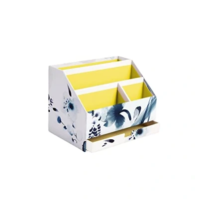 Image de Clairefontaine 115938C Un Porte Lettres en Carton avec tiroir 24x16x18 cm Motif Floral Peint à l&#039;Encre Bleue Papier finition satiné Home Office Collection Inkebana