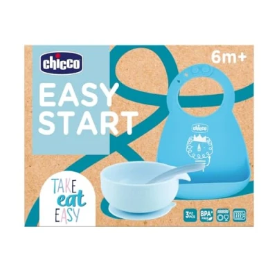Image de Chicco Coffret Repas Silicone composé d&#039;un Un Bavoir Rigide Easy Roll, Bol Facile avec Ventouse et cuillère, 6M+, Bleu