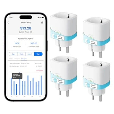 Image de Meross Prise Connectée (Type F), 16A WiFi Compatible avec Alexa et Google Home, Lot de 4 Prises Mesure Consommation Électrique, Commande Vocale Contrôle à Distance