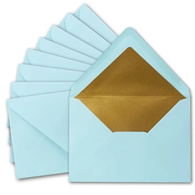 Image de FarbenFroh by Gustav Neuser Lot de 50 enveloppes à lettre doublées d&#039;or métallisé DIN C5, bleu clair (bleu) 156 x 220 mm Fermeture humide avec rabat pointu